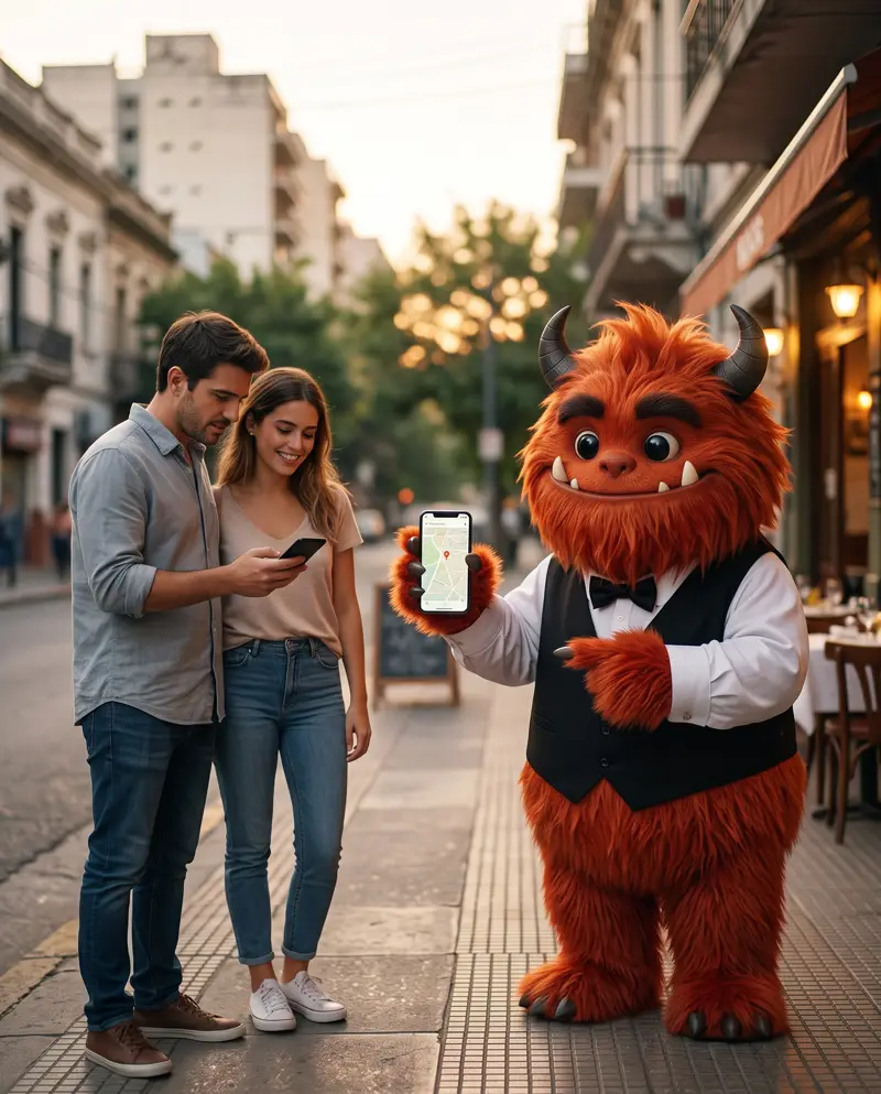 Una pareja en la vereda busca dónde comer en el teléfono y Brasa, vestido de mozo, les señala un restaurante de enfrente