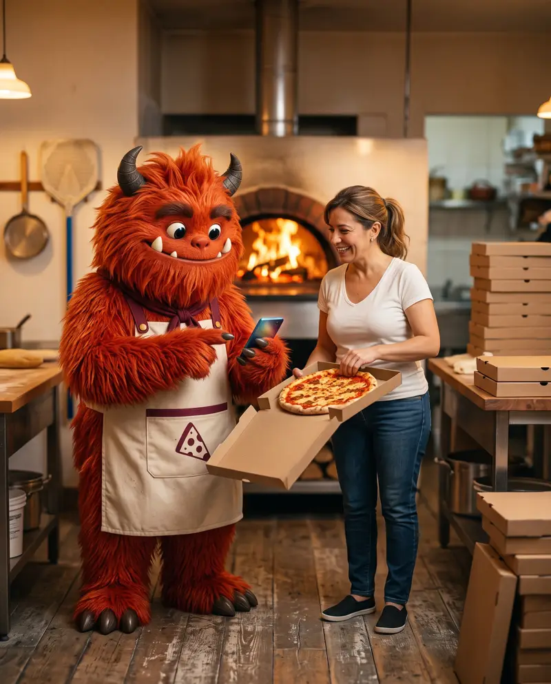 Una pizzera cierra la caja de una pizza mientras Brasa le muestra en el teléfono que entró un pedido